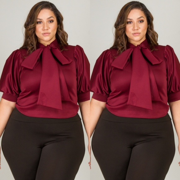 Tops - 1x-2x PLUS NECK W A BOW SHORT SLEEVE PUFFED OUT S